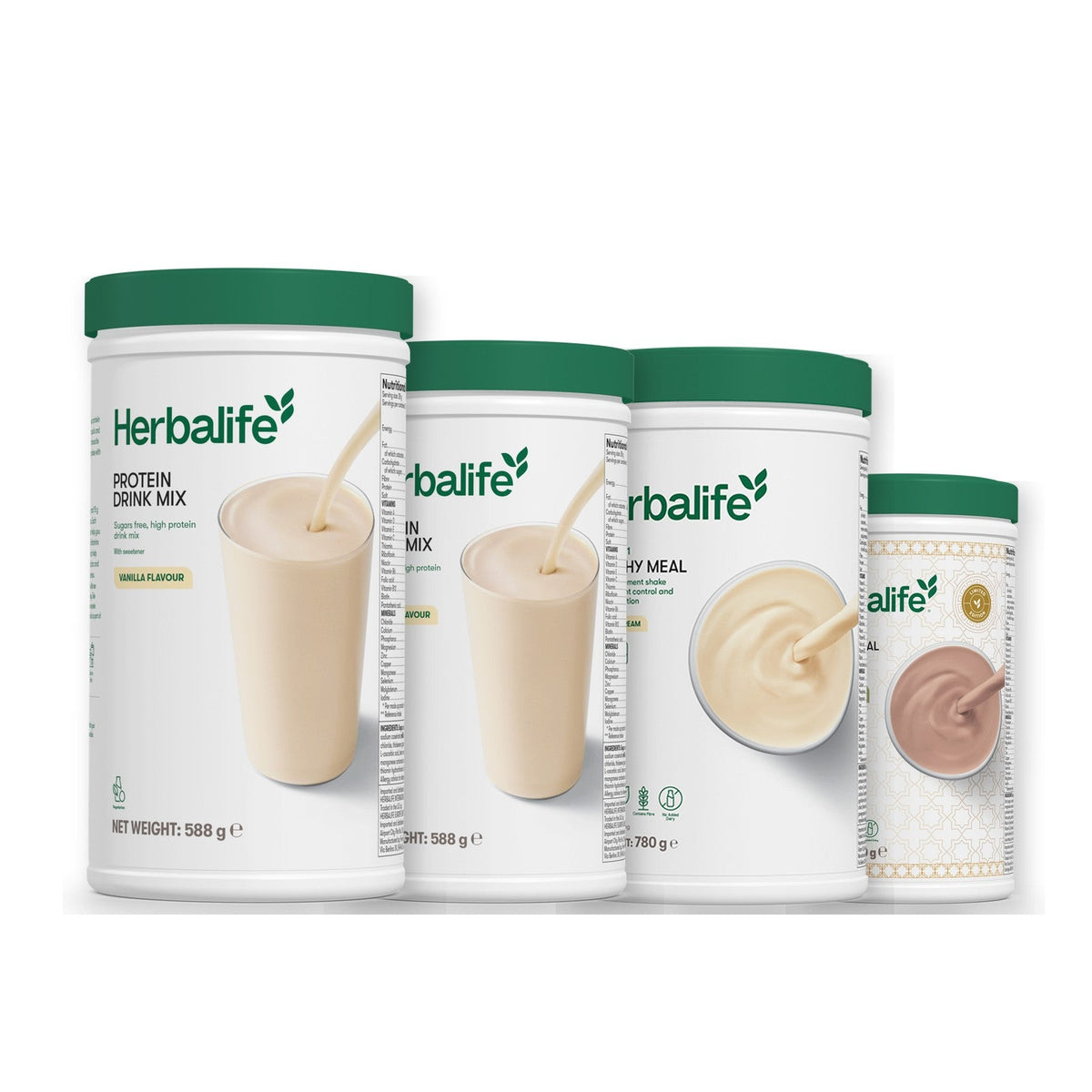 Two Formula 1 Healthy Meal shake tubs with two vanilla Protein Drink Mix tubs, pick your flavours, Vanilla (Large 780g) / Dubai Style Chocolate