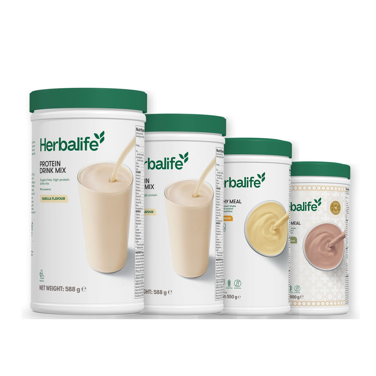 Two Formula 1 Healthy Meal shake tubs with two vanilla Protein Drink Mix tubs, pick your flavours, Banana Cream / Dubai Style Chocolate
