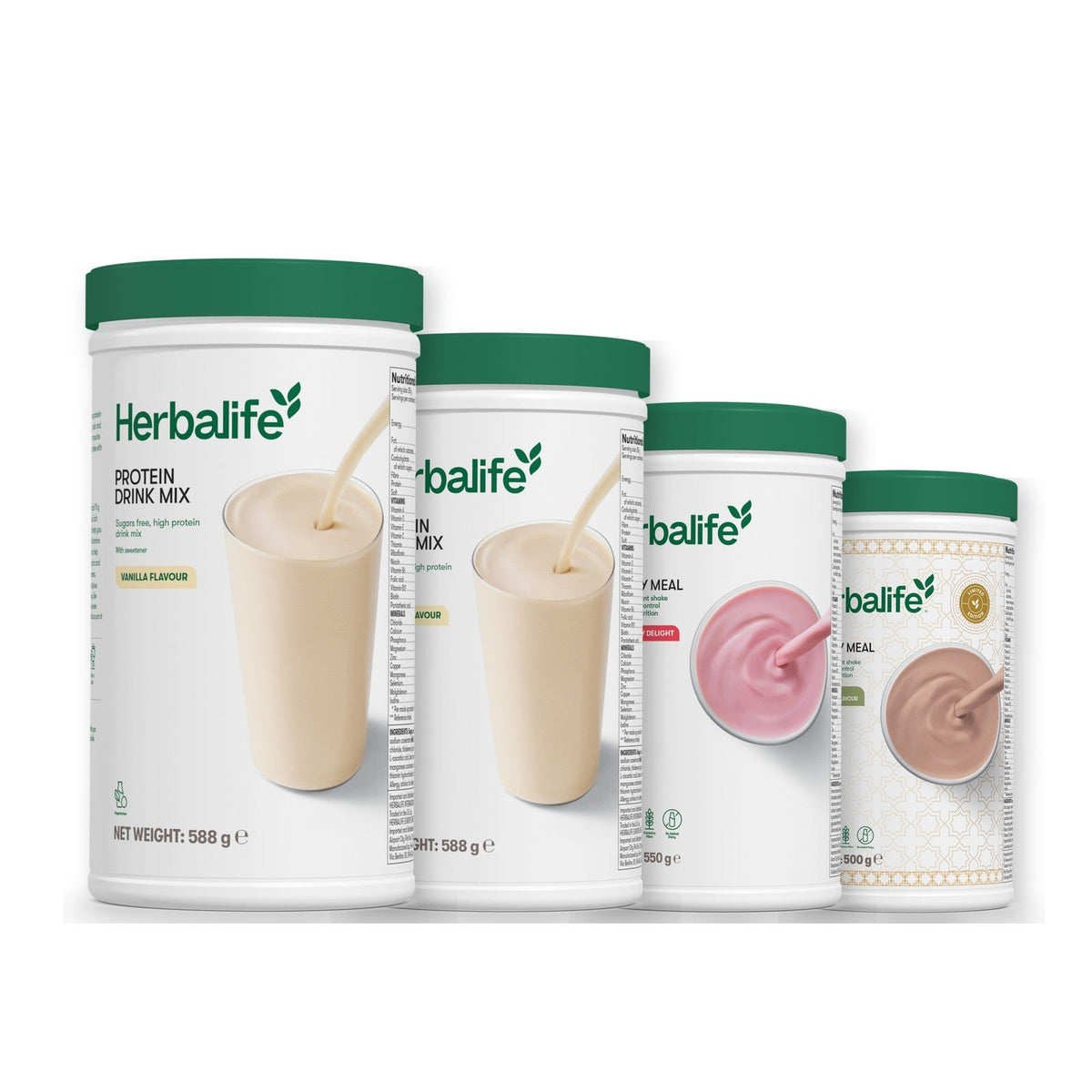 Two Formula 1 Healthy Meal shake tubs with two vanilla Protein Drink Mix tubs, pick your flavours, Strawberry / Dubai Style Chocolate
