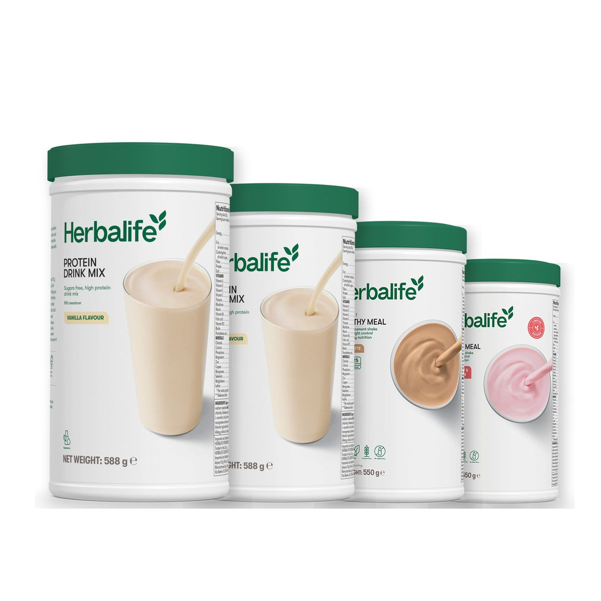 Two Formula 1 Healthy Meal shake tubs with two vanilla Protein Drink Mix tubs, pick your flavours, Cafe Latte / Strawberry Watermelon