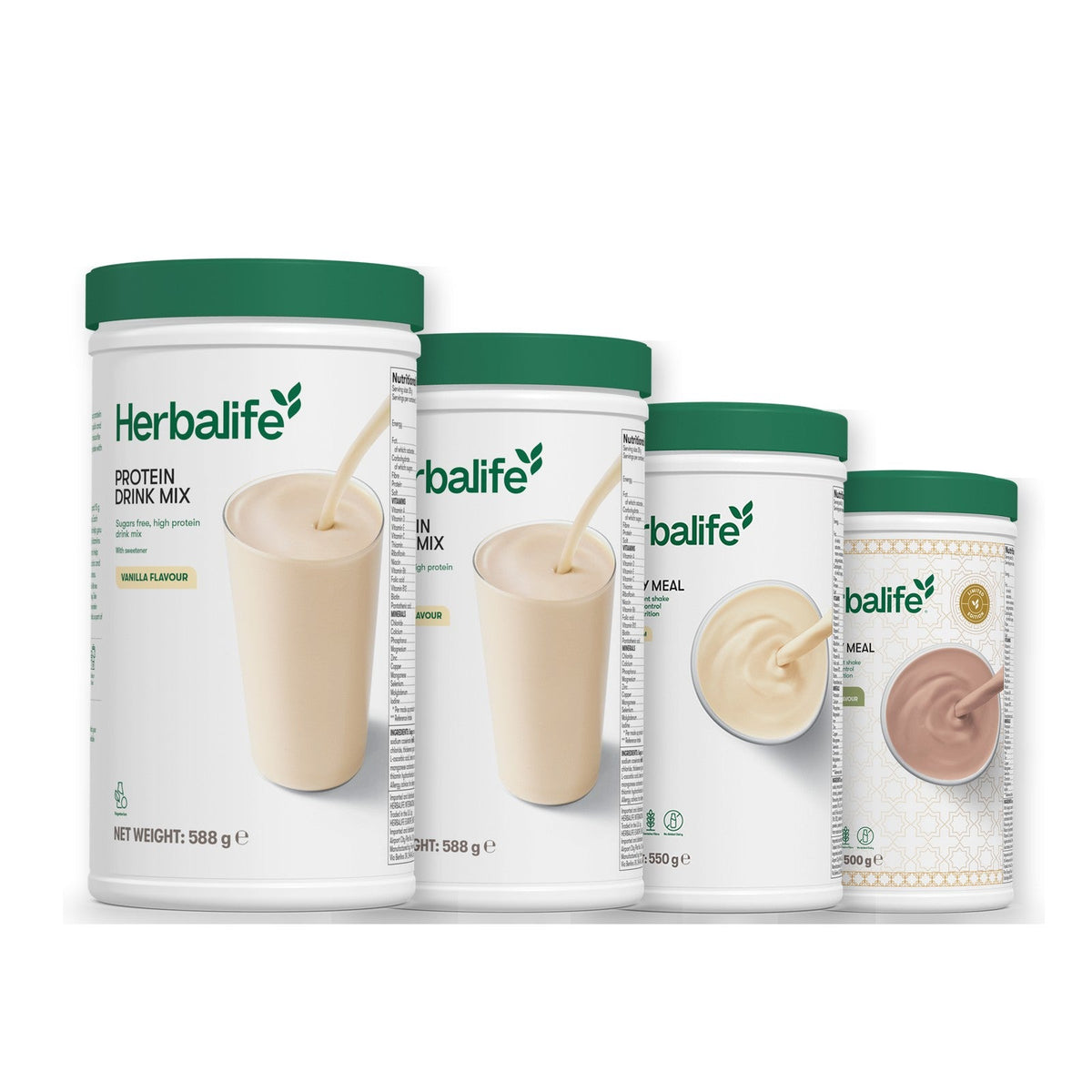 Two Formula 1 Healthy Meal shake tubs with two vanilla Protein Drink Mix tubs, pick your flavours, Vanilla / Dubai Style Chocolate