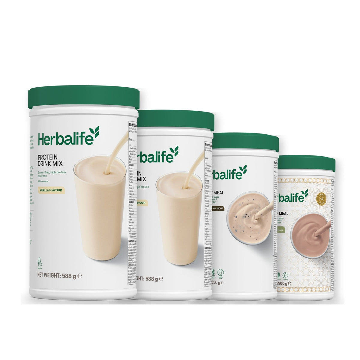 Two Formula 1 Healthy Meal shake tubs with two vanilla Protein Drink Mix tubs, pick your flavours, Cookie Crunch / Dubai Style Chocolate
