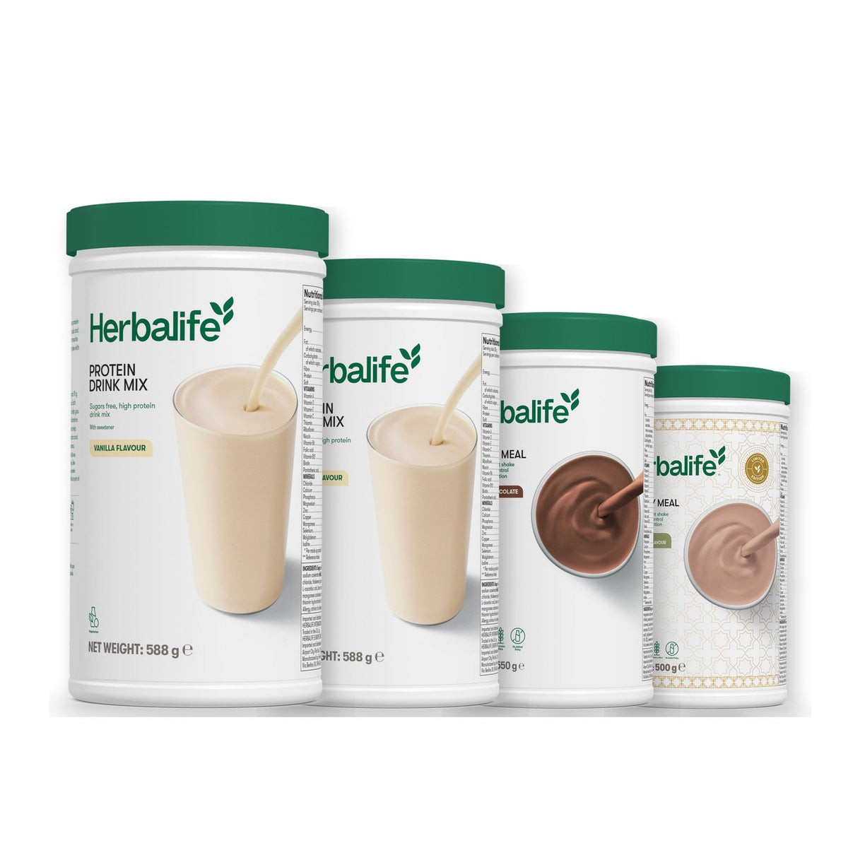 Two Formula 1 Healthy Meal shake tubs with two vanilla Protein Drink Mix tubs, pick your flavours, Chocolate / Dubai Style Chocolate