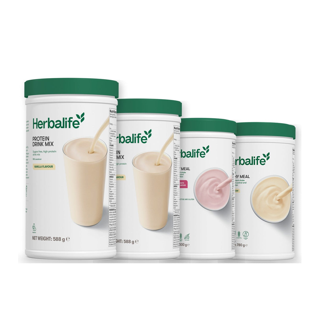 Two Formula 1 Healthy Meal shake tubs with two vanilla Protein Drink Mix tubs, pick your flavours, Free From Raspberry & White Chocolate / Vanilla (Large 780g)