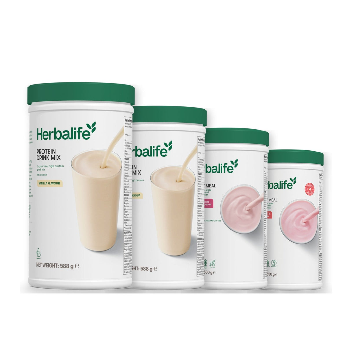 Two Formula 1 Healthy Meal shake tubs with two vanilla Protein Drink Mix tubs, pick your flavours, Free From Raspberry & White Chocolate / Strawberry Watermelon