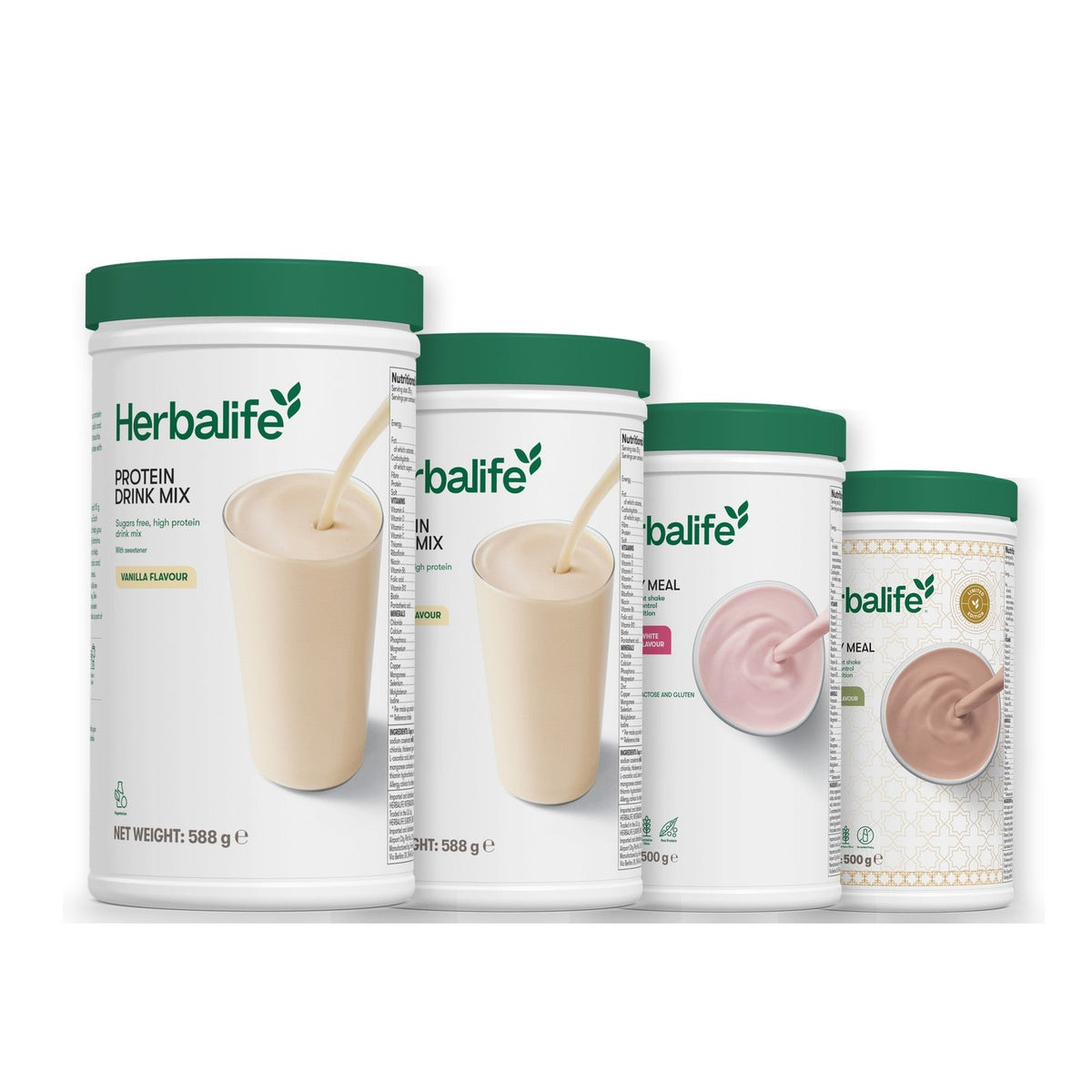 Two Formula 1 Healthy Meal shake tubs with two vanilla Protein Drink Mix tubs, pick your flavours, Free From Raspberry & White Chocolate / Dubai Style Chocolate