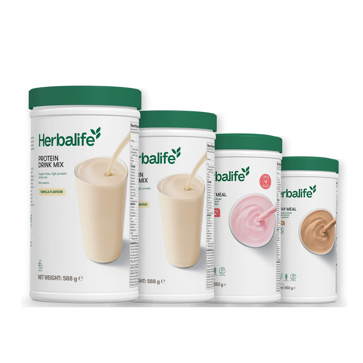 Two Formula 1 Healthy Meal shake tubs with two vanilla Protein Drink Mix tubs, pick your flavours, Strawberry Watermelon / Cafe Latte