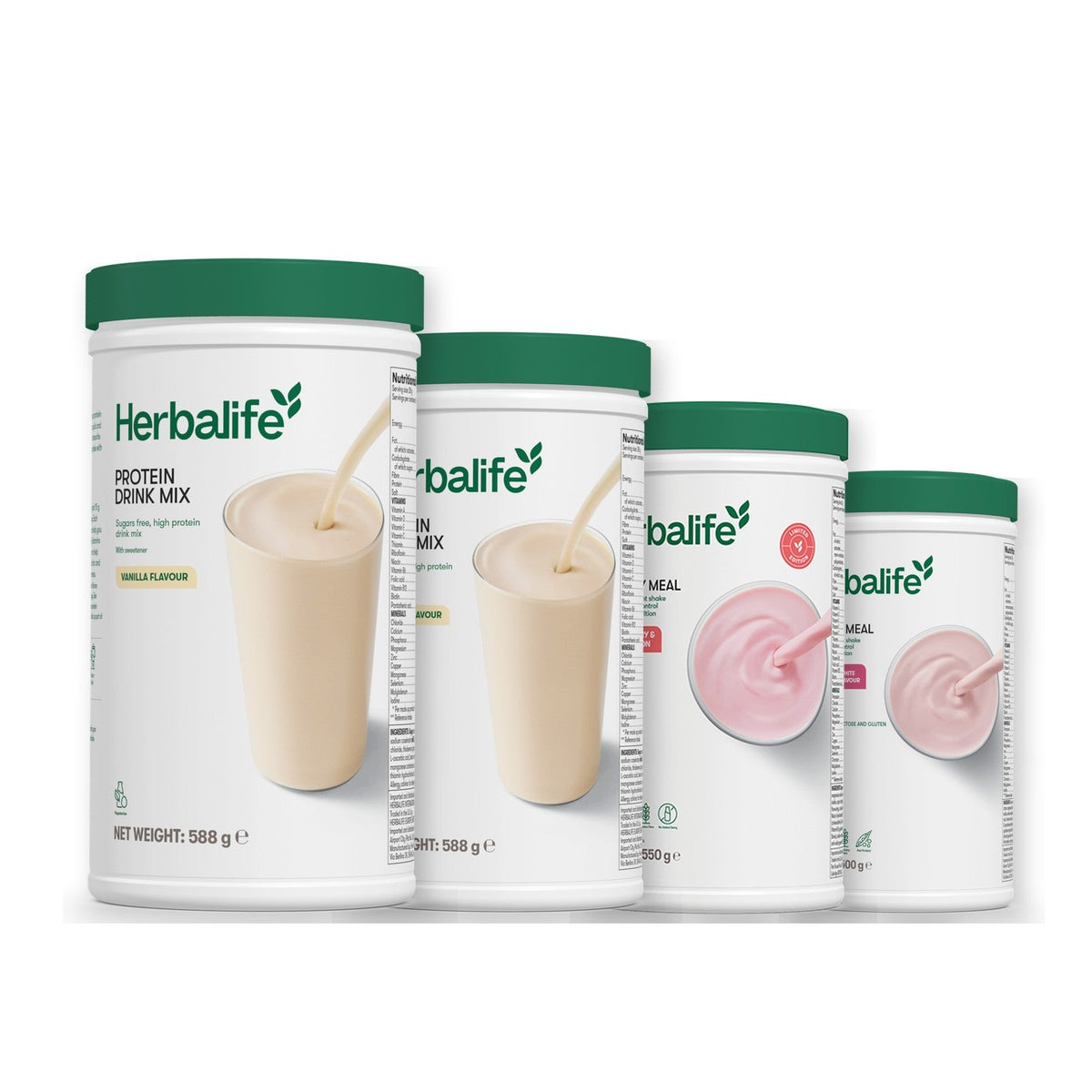 Two Formula 1 Healthy Meal shake tubs with two vanilla Protein Drink Mix tubs, pick your flavours, Strawberry Watermelon / Free From Raspberry & White Chocolate