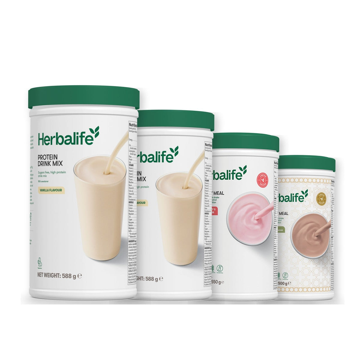 Two Formula 1 Healthy Meal shake tubs with two vanilla Protein Drink Mix tubs, pick your flavours, Strawberry Watermelon / Dubai Style Chocolate