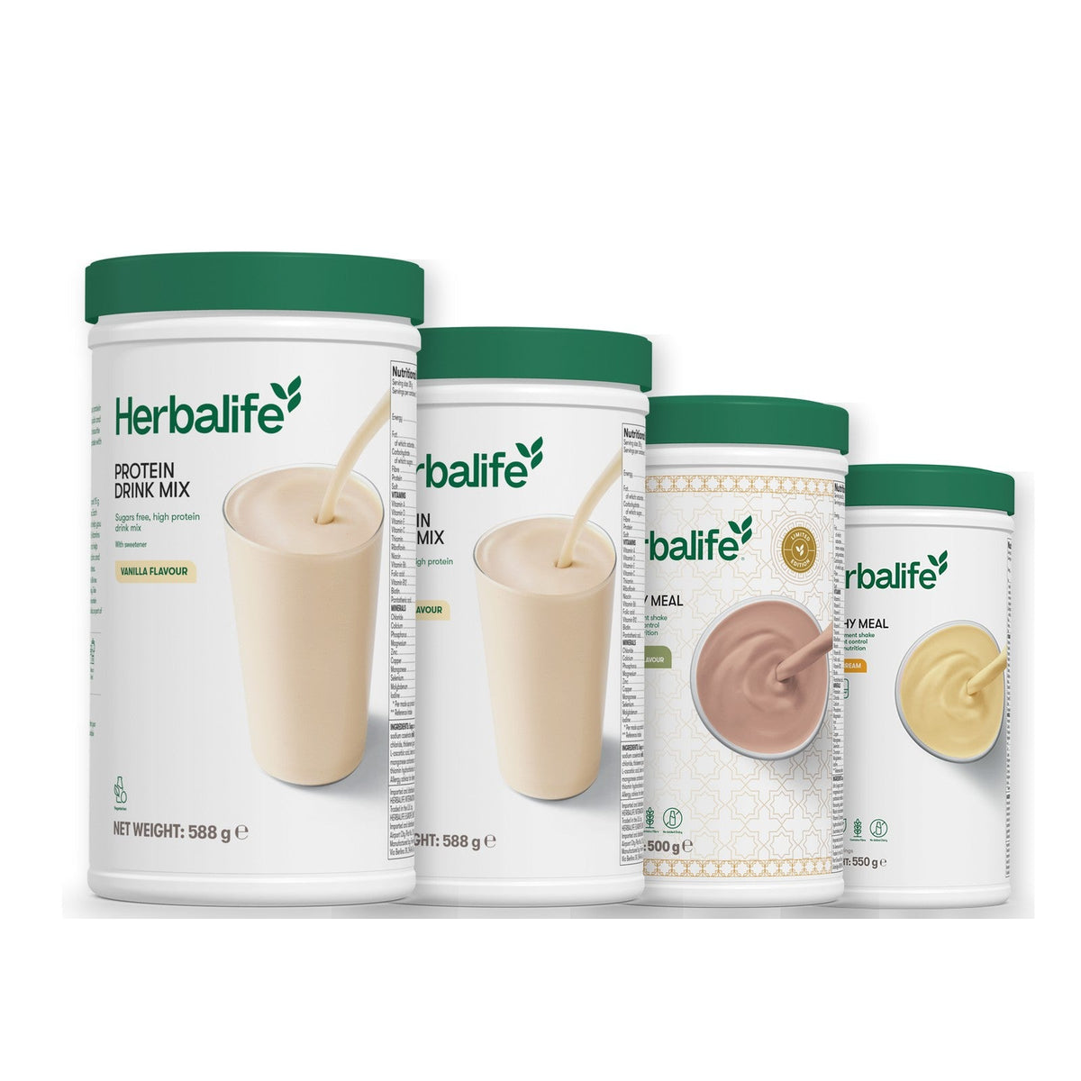 Two Formula 1 Healthy Meal shake tubs with two vanilla Protein Drink Mix tubs, pick your flavours, Dubai Style Chocolate / Banana Cream
