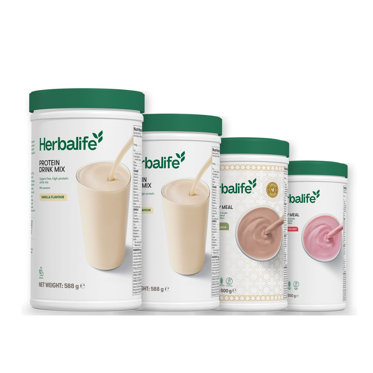 Two Formula 1 Healthy Meal shake tubs with two vanilla Protein Drink Mix tubs, pick your flavours, Dubai Style Chocolate / Strawberry