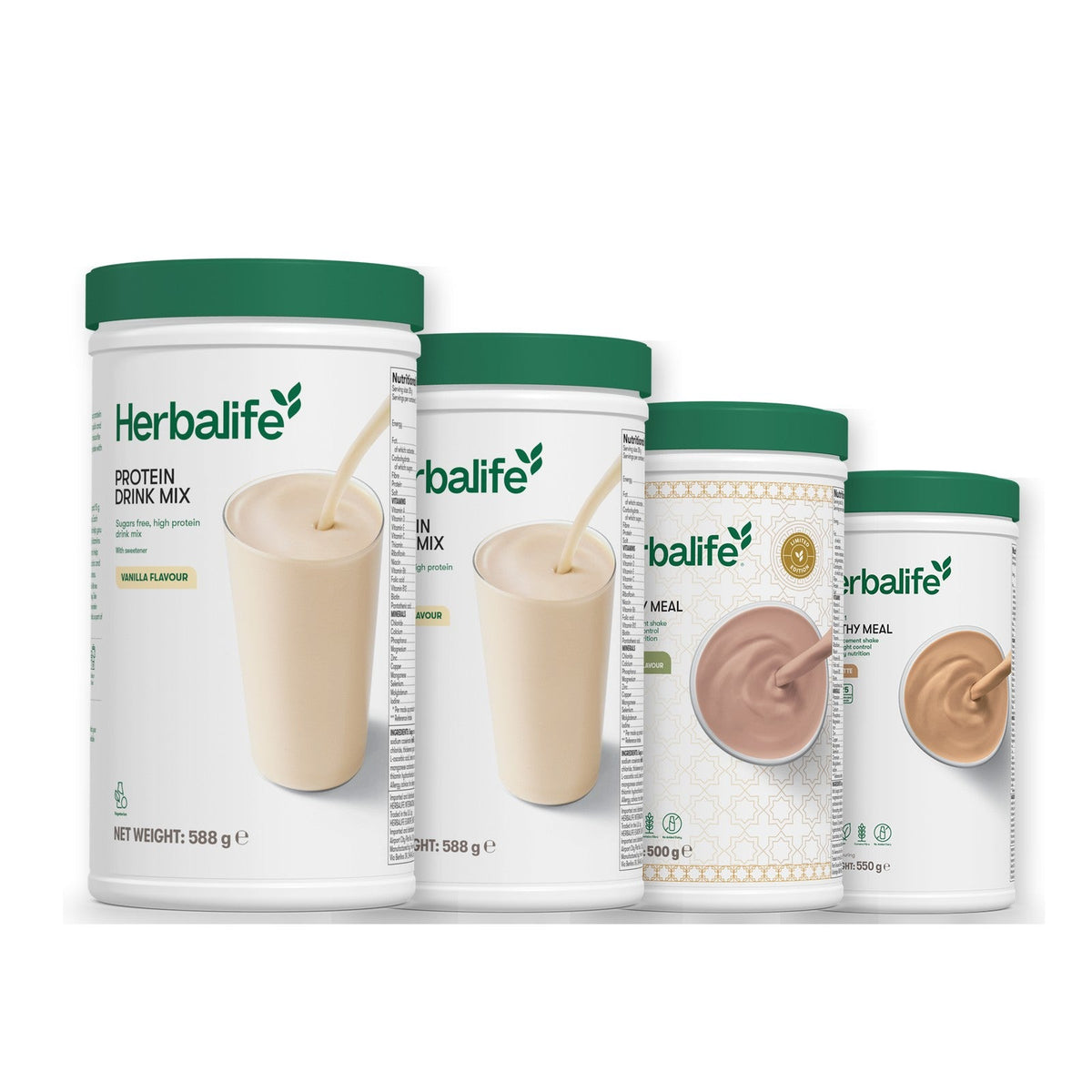 Two Formula 1 Healthy Meal shake tubs with two vanilla Protein Drink Mix tubs, pick your flavours, Dubai Style Chocolate / Cafe Latte