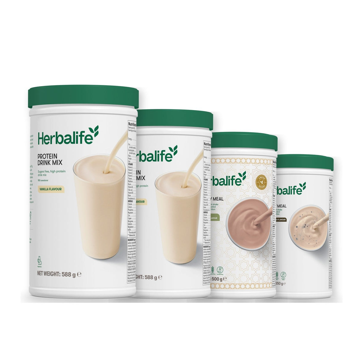 Two Formula 1 Healthy Meal shake tubs with two vanilla Protein Drink Mix tubs, pick your flavours, Dubai Style Chocolate / Cookie Crunch