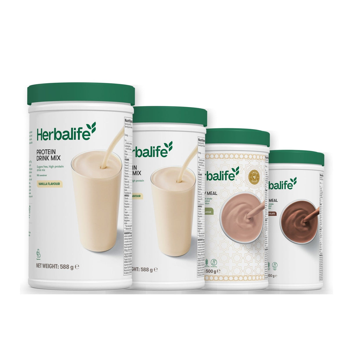 Two Formula 1 Healthy Meal shake tubs with two vanilla Protein Drink Mix tubs, pick your flavours, Dubai Style Chocolate / Chocolate
