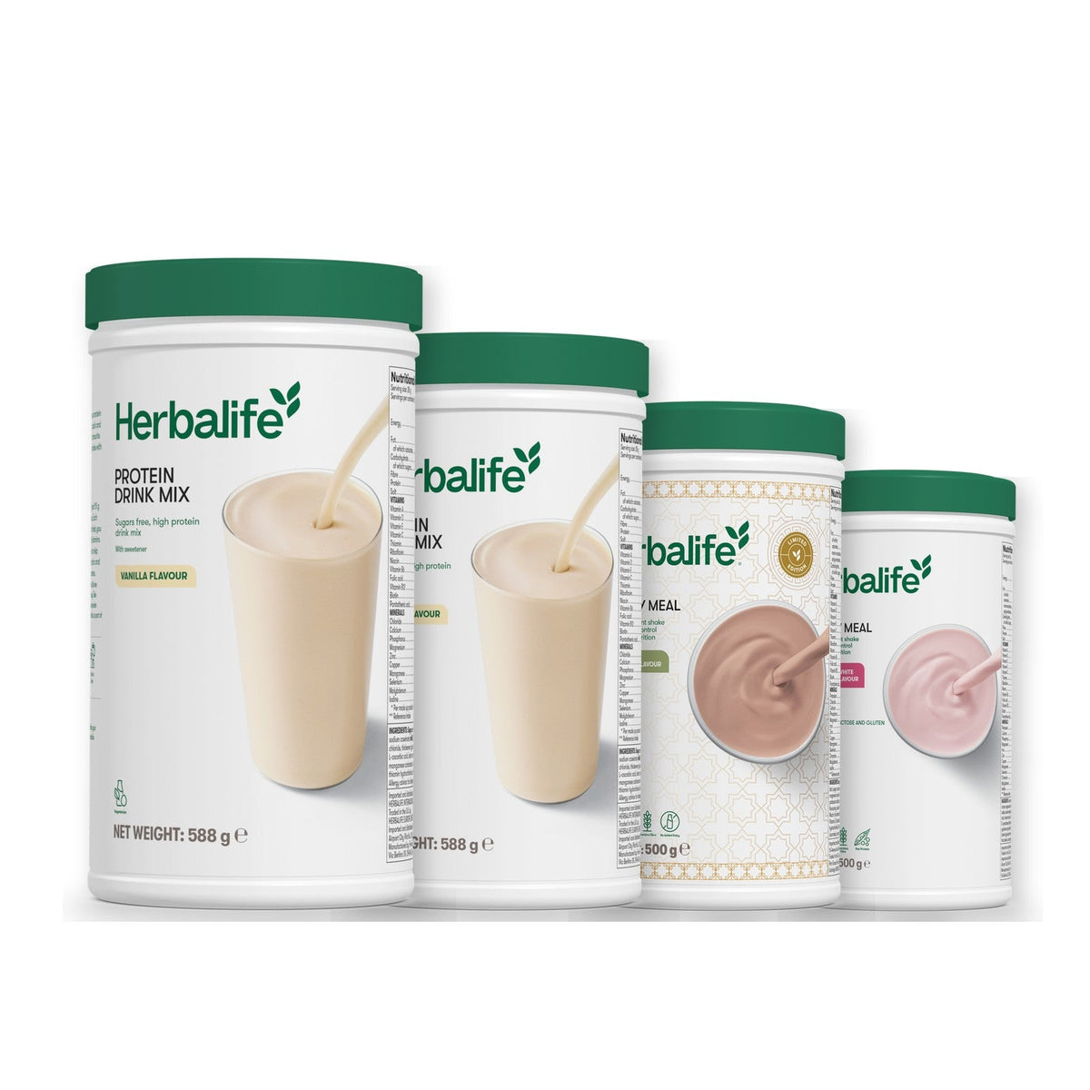 Two Formula 1 Healthy Meal shake tubs with two vanilla Protein Drink Mix tubs, pick your flavours, Dubai Style Chocolate / Free From Raspberry & White Chocolate