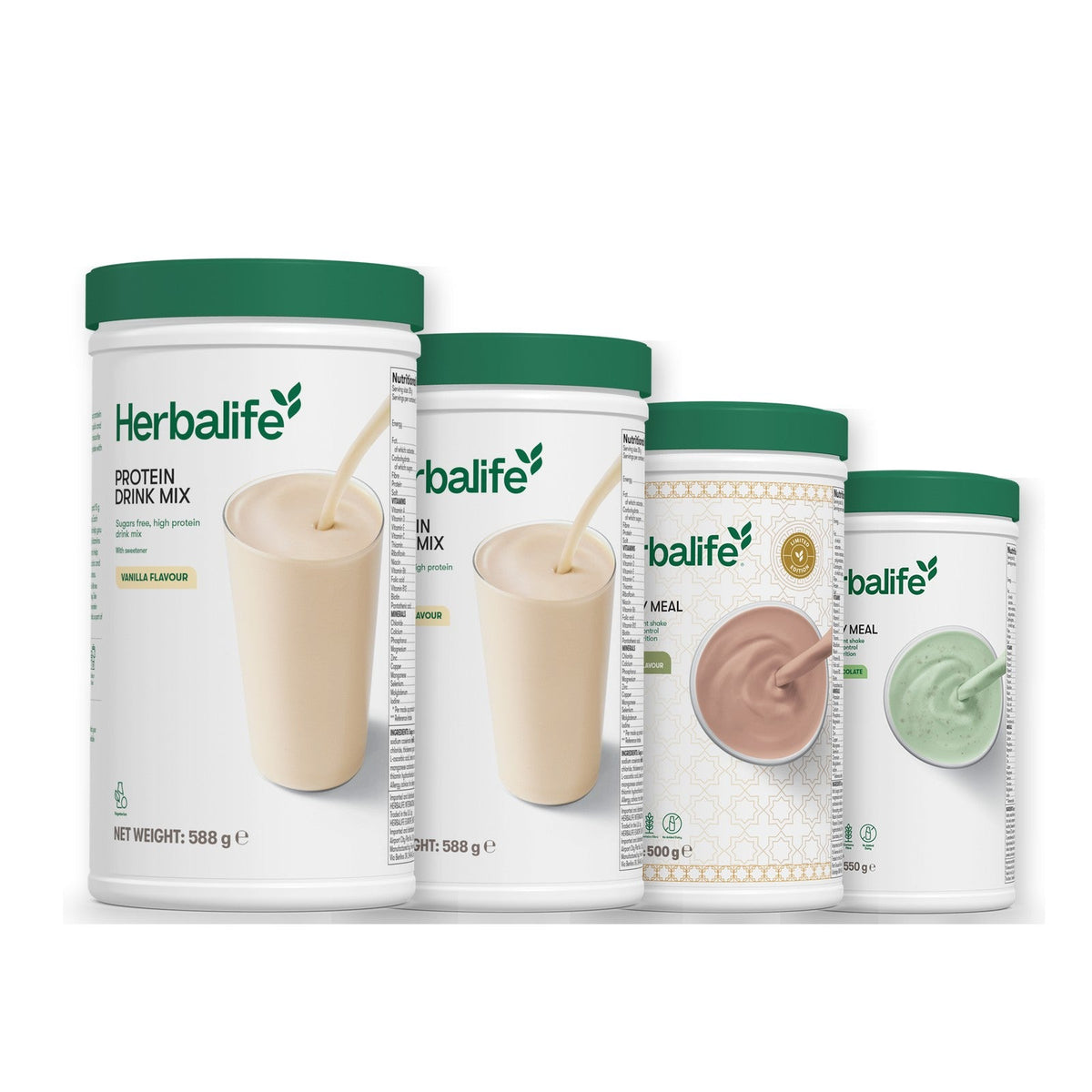 Two Formula 1 Healthy Meal shake tubs with two vanilla Protein Drink Mix tubs, pick your flavours, Dubai Style Chocolate / Mint Chocolate