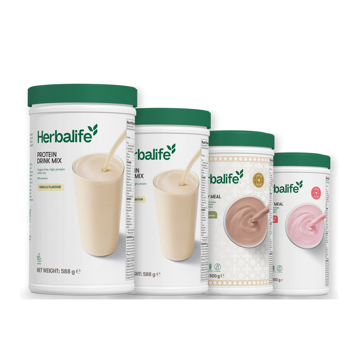 Two Formula 1 Healthy Meal shake tubs with two vanilla Protein Drink Mix tubs, pick your flavours, Dubai Style Chocolate / Strawberry Watermelon