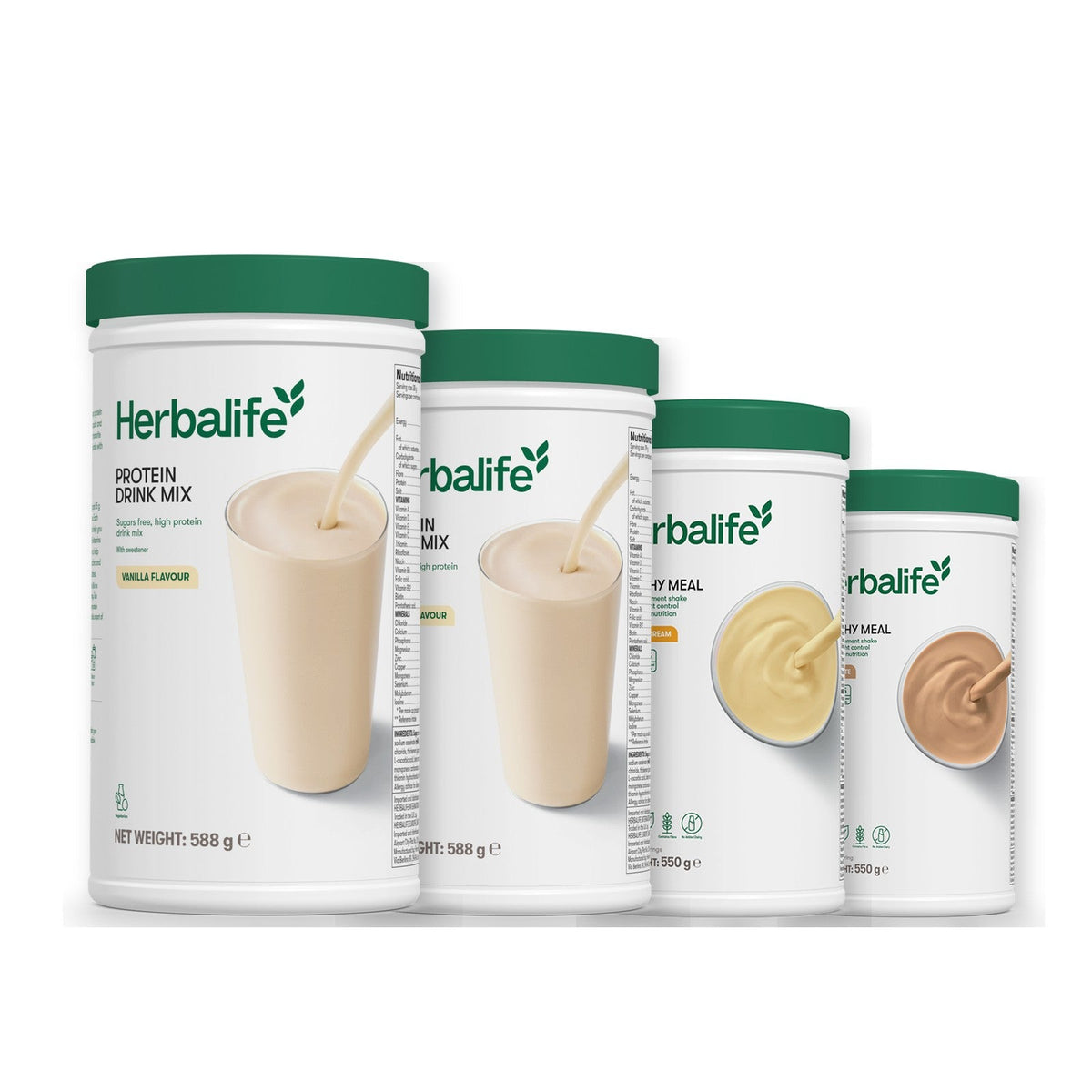Two Formula 1 Healthy Meal shake tubs with two vanilla Protein Drink Mix tubs, pick your flavours, Banana Cream / Cafe Latte
