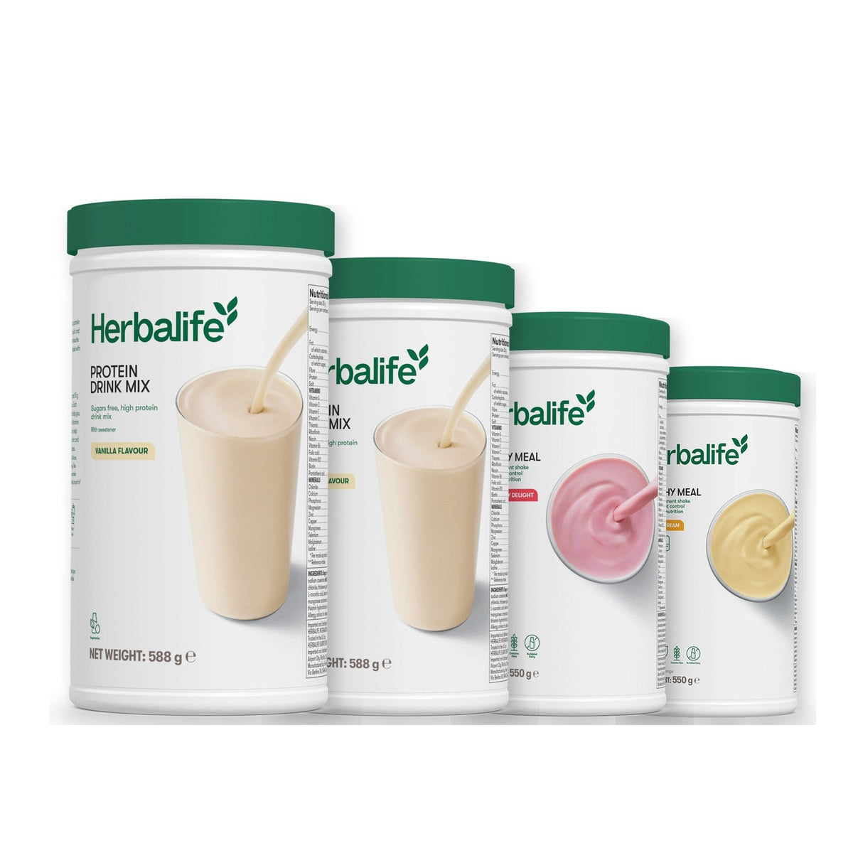 Two Formula 1 Healthy Meal shake tubs with two vanilla Protein Drink Mix tubs, pick your flavours, Strawberry / Banana Cream