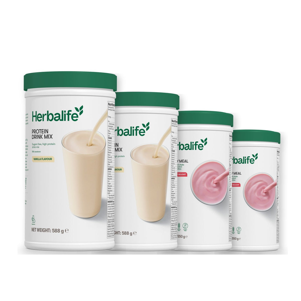 Two Formula 1 Healthy Meal shake tubs with two vanilla Protein Drink Mix tubs, pick your flavours, Strawberry / Strawberry