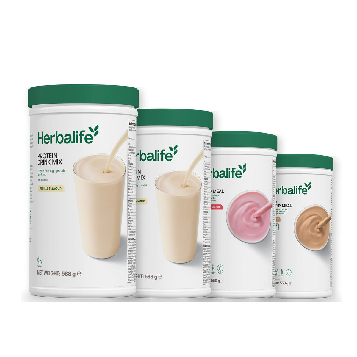 Two Formula 1 Healthy Meal shake tubs with two vanilla Protein Drink Mix tubs, pick your flavours, Strawberry / Cafe Latte