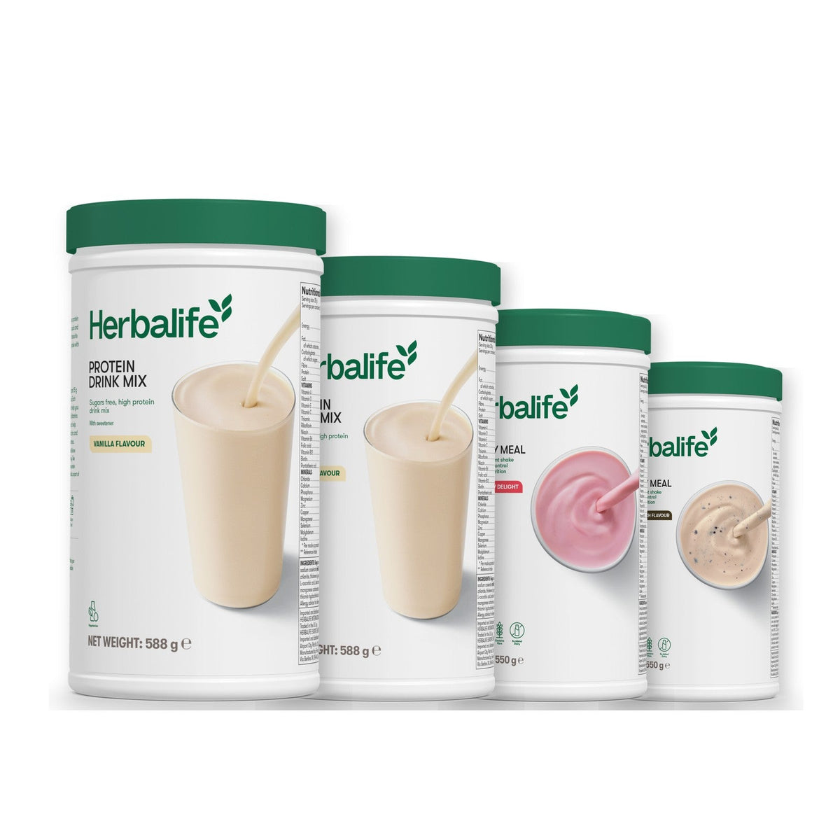 Two Formula 1 Healthy Meal shake tubs with two vanilla Protein Drink Mix tubs, pick your flavours, Strawberry / Cookie Crunch