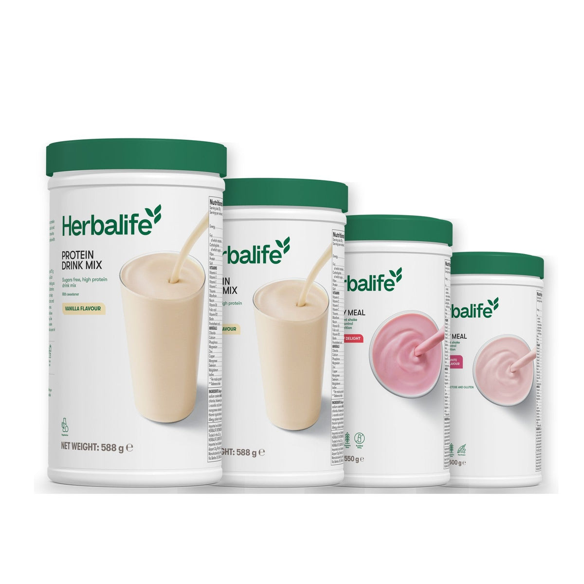 Two Formula 1 Healthy Meal shake tubs with two vanilla Protein Drink Mix tubs, pick your flavours, Strawberry / Free From Raspberry & White Chocolate