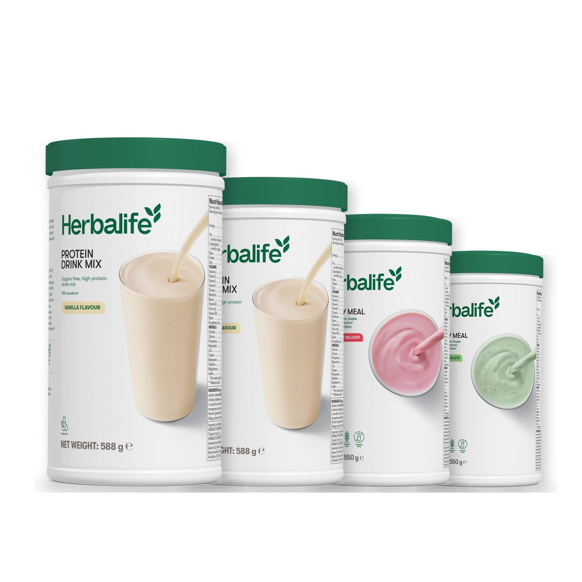 Two Formula 1 Healthy Meal shake tubs with two vanilla Protein Drink Mix tubs, pick your flavours, Strawberry / Mint Chocolate