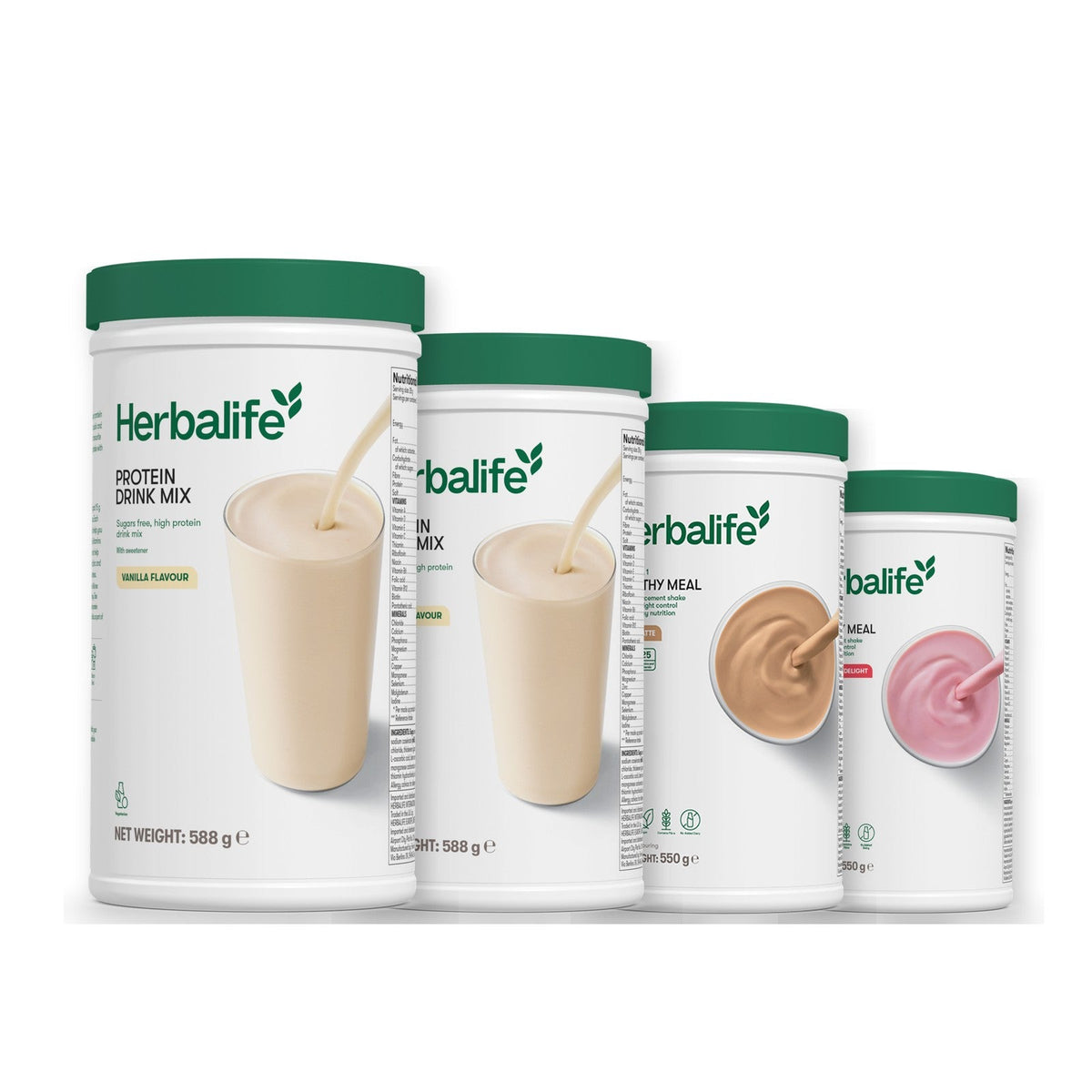 Two Formula 1 Healthy Meal shake tubs with two vanilla Protein Drink Mix tubs, pick your flavours, Cafe Latte / Strawberry