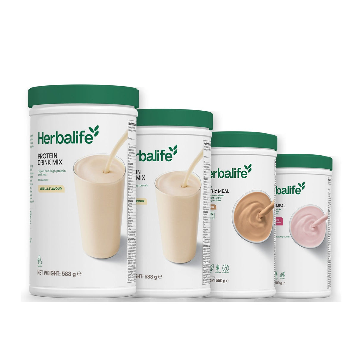 Two Formula 1 Healthy Meal shake tubs with two vanilla Protein Drink Mix tubs, pick your flavours, Cafe Latte / Free From Raspberry & White Chocolate