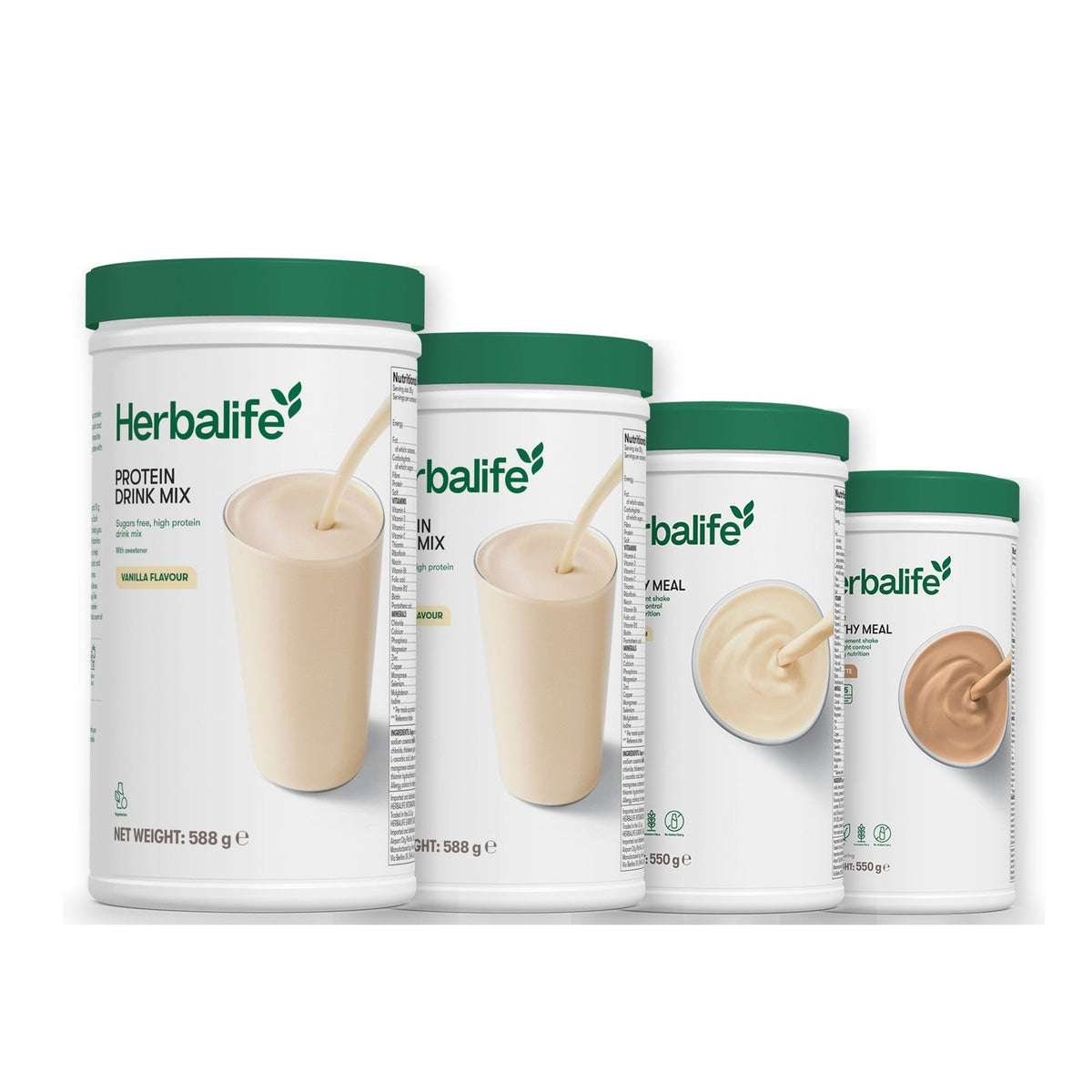 Two Formula 1 Healthy Meal shake tubs with two vanilla Protein Drink Mix tubs, pick your flavours, Vanilla / Cafe Latte