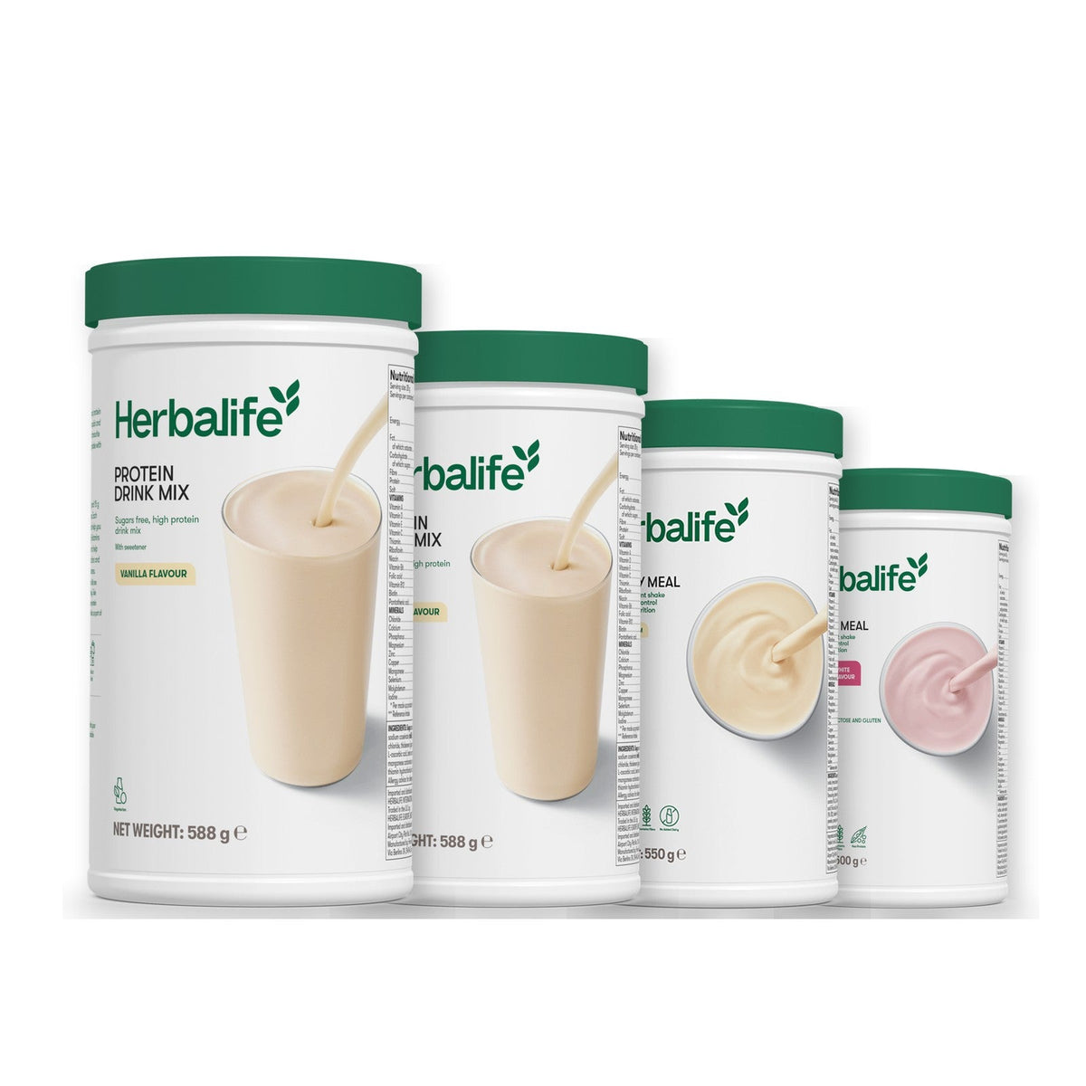 Two Formula 1 Healthy Meal shake tubs with two vanilla Protein Drink Mix tubs, pick your flavours, Vanilla / Free From Raspberry & White Chocolate