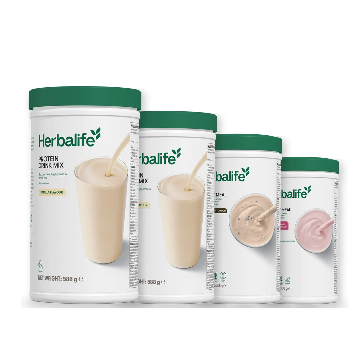 Two Formula 1 Healthy Meal shake tubs with two vanilla Protein Drink Mix tubs, pick your flavours, Cookie Crunch / Free From Raspberry & White Chocolate