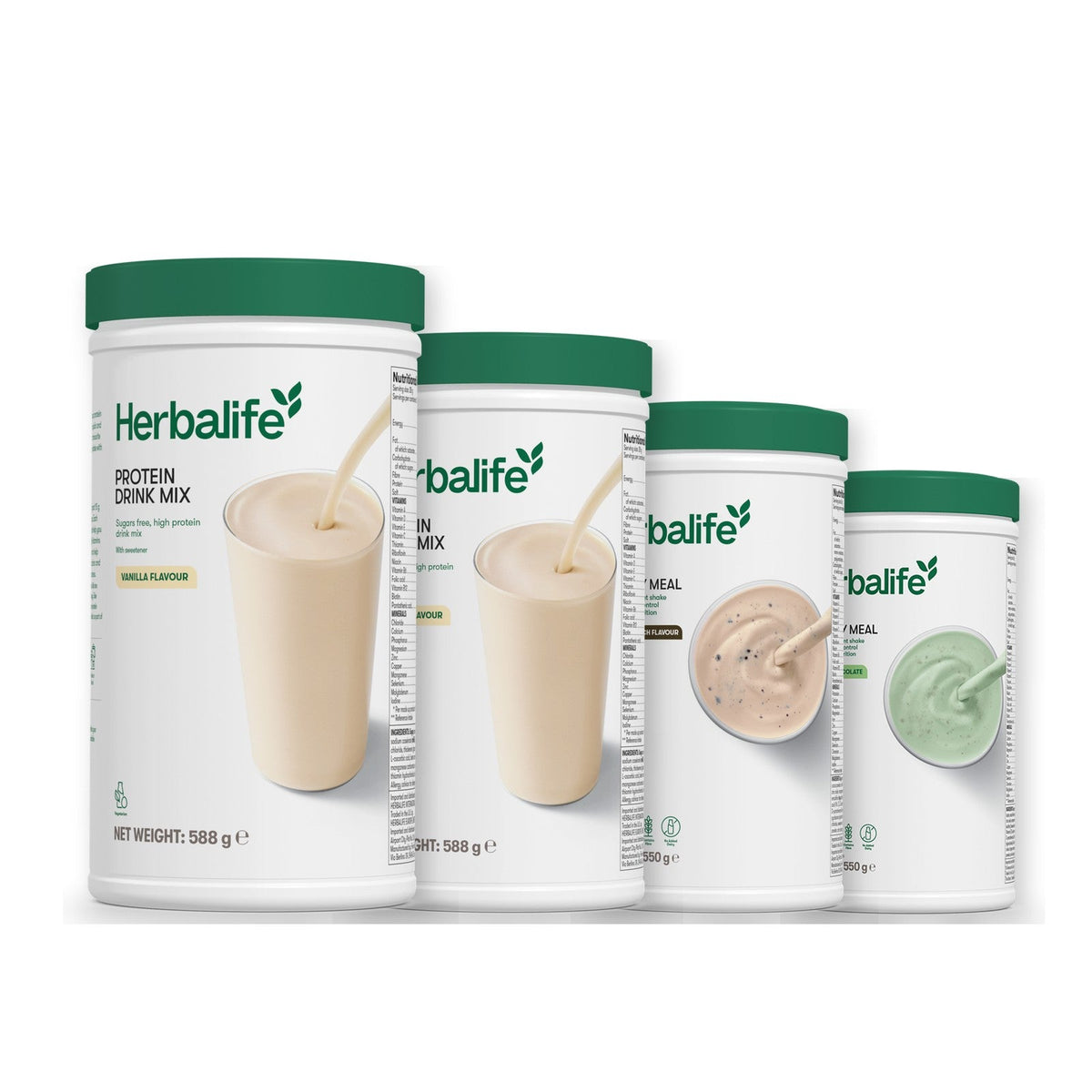 Two Formula 1 Healthy Meal shake tubs with two vanilla Protein Drink Mix tubs, pick your flavours, Cookie Crunch / Mint Chocolate