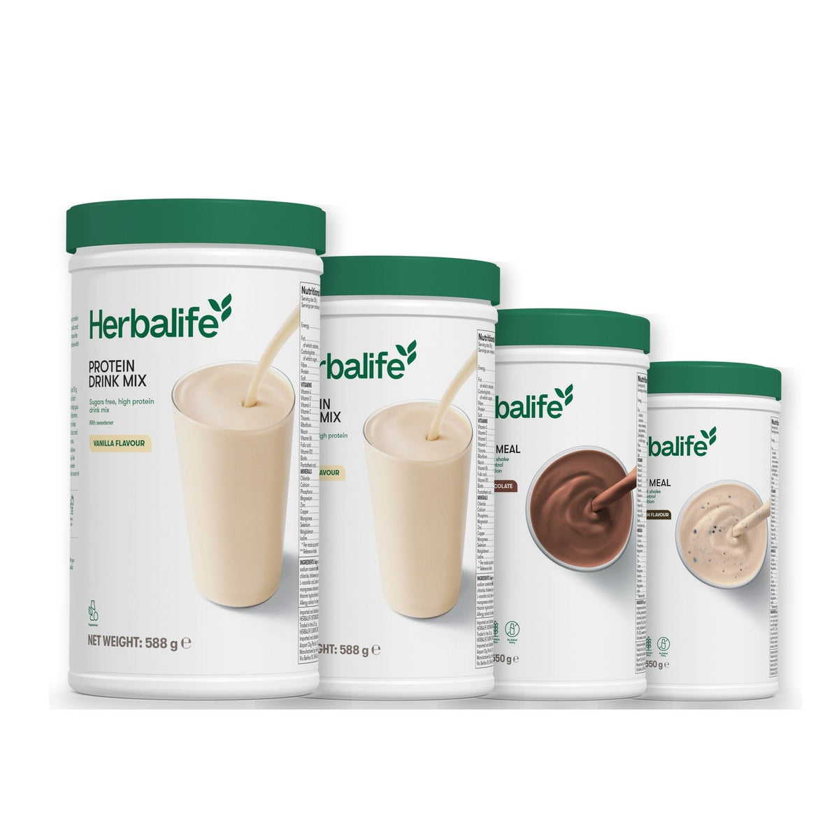 Two Formula 1 Healthy Meal shake tubs with two vanilla Protein Drink Mix tubs, pick your flavours, Chocolate / Cookie Crunch