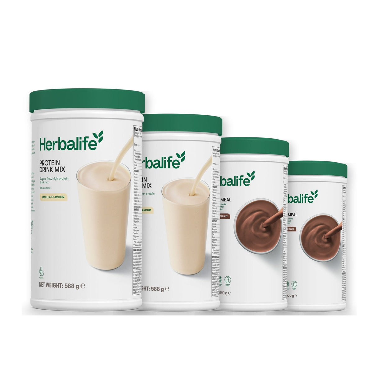 Two Formula 1 Healthy Meal shake tubs with two vanilla Protein Drink Mix tubs, pick your flavours, Chocolate / Chocolate