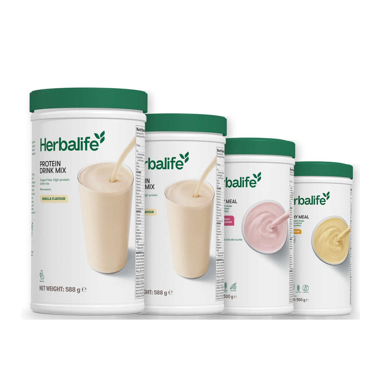 Two Formula 1 Healthy Meal shake tubs with two vanilla Protein Drink Mix tubs, pick your flavours, Free From Raspberry & White Chocolate / Banana Cream