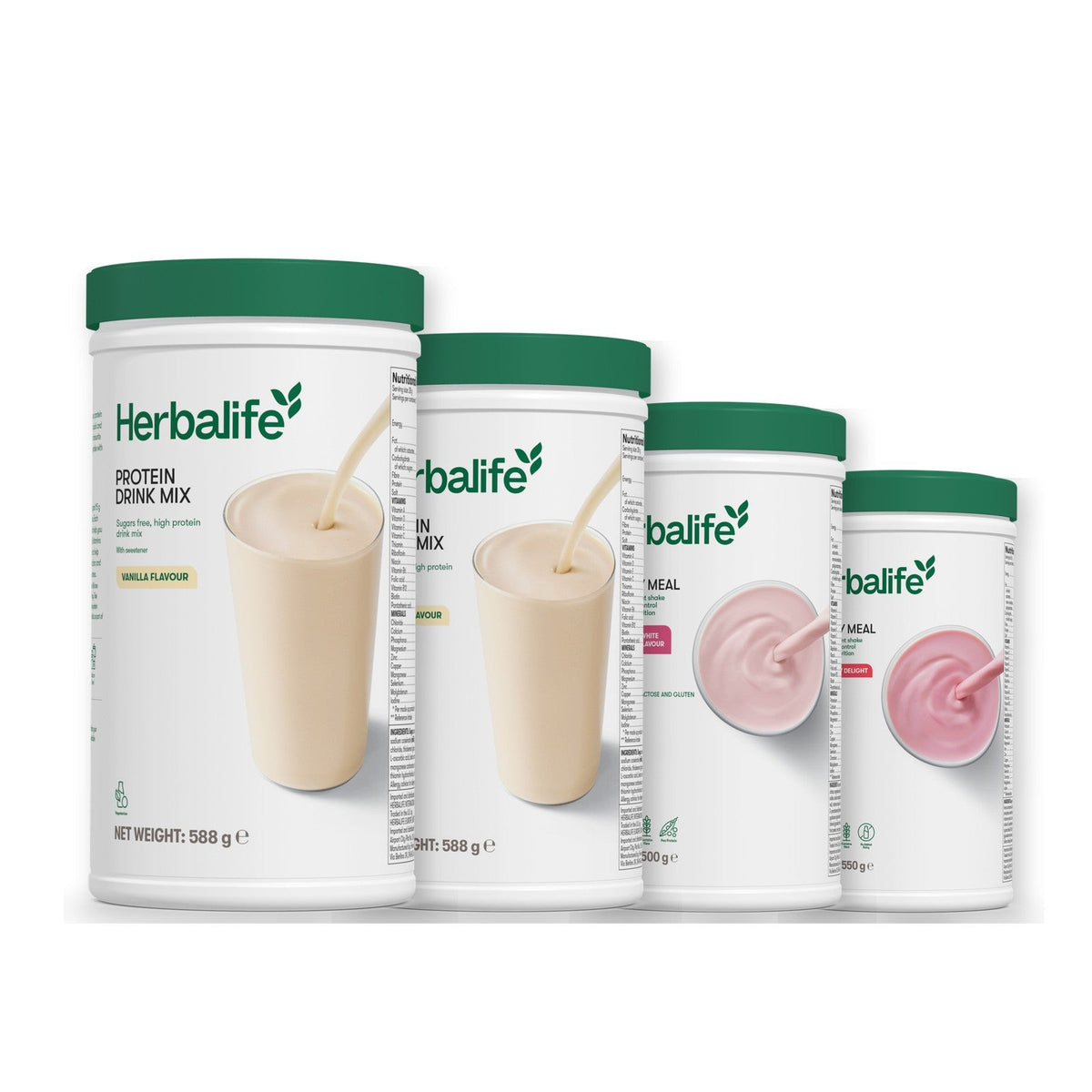 Two Formula 1 Healthy Meal shake tubs with two vanilla Protein Drink Mix tubs, pick your flavours, Free From Raspberry & White Chocolate / Strawberry