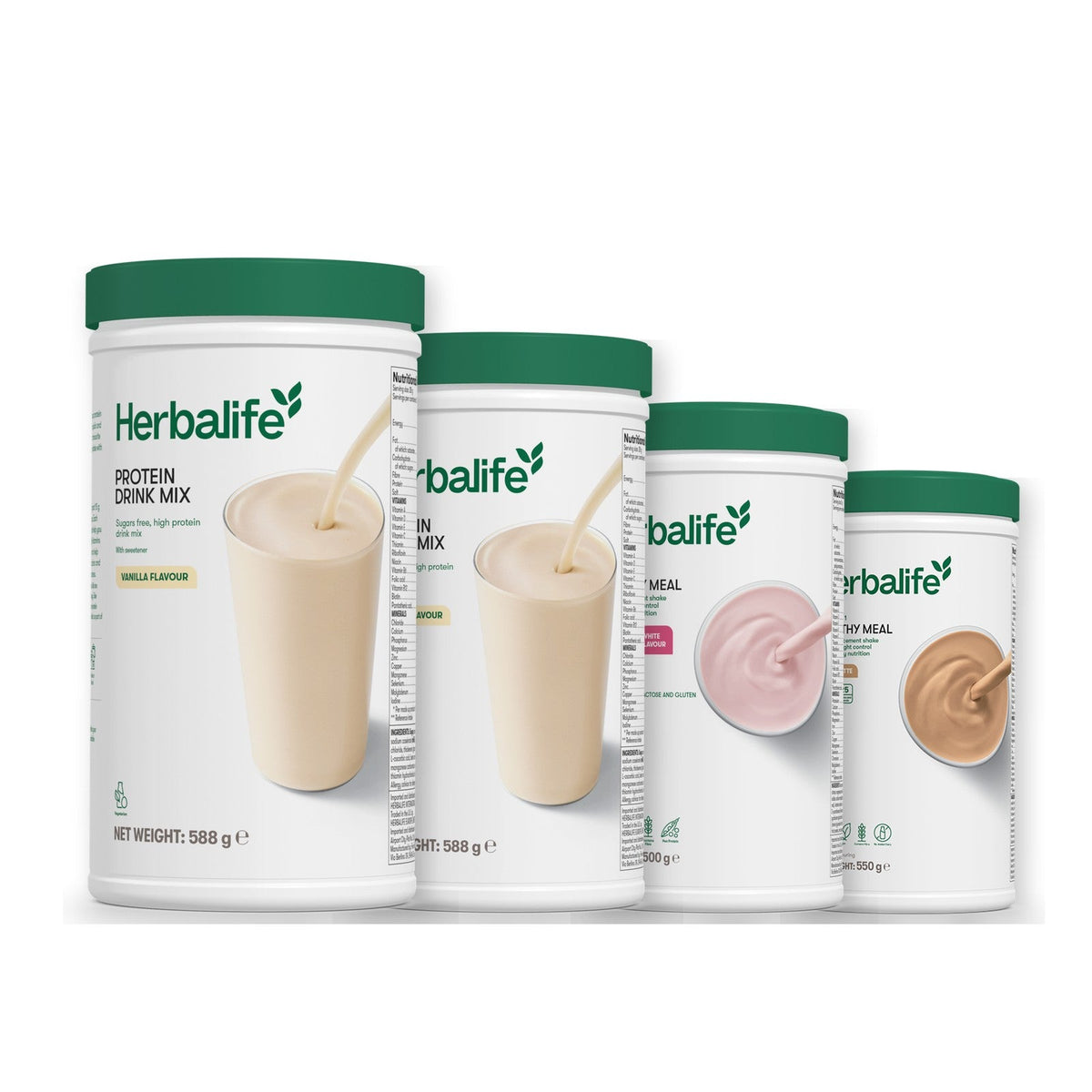 Two Formula 1 Healthy Meal shake tubs with two vanilla Protein Drink Mix tubs, pick your flavours, Free From Raspberry & White Chocolate / Cafe Latte