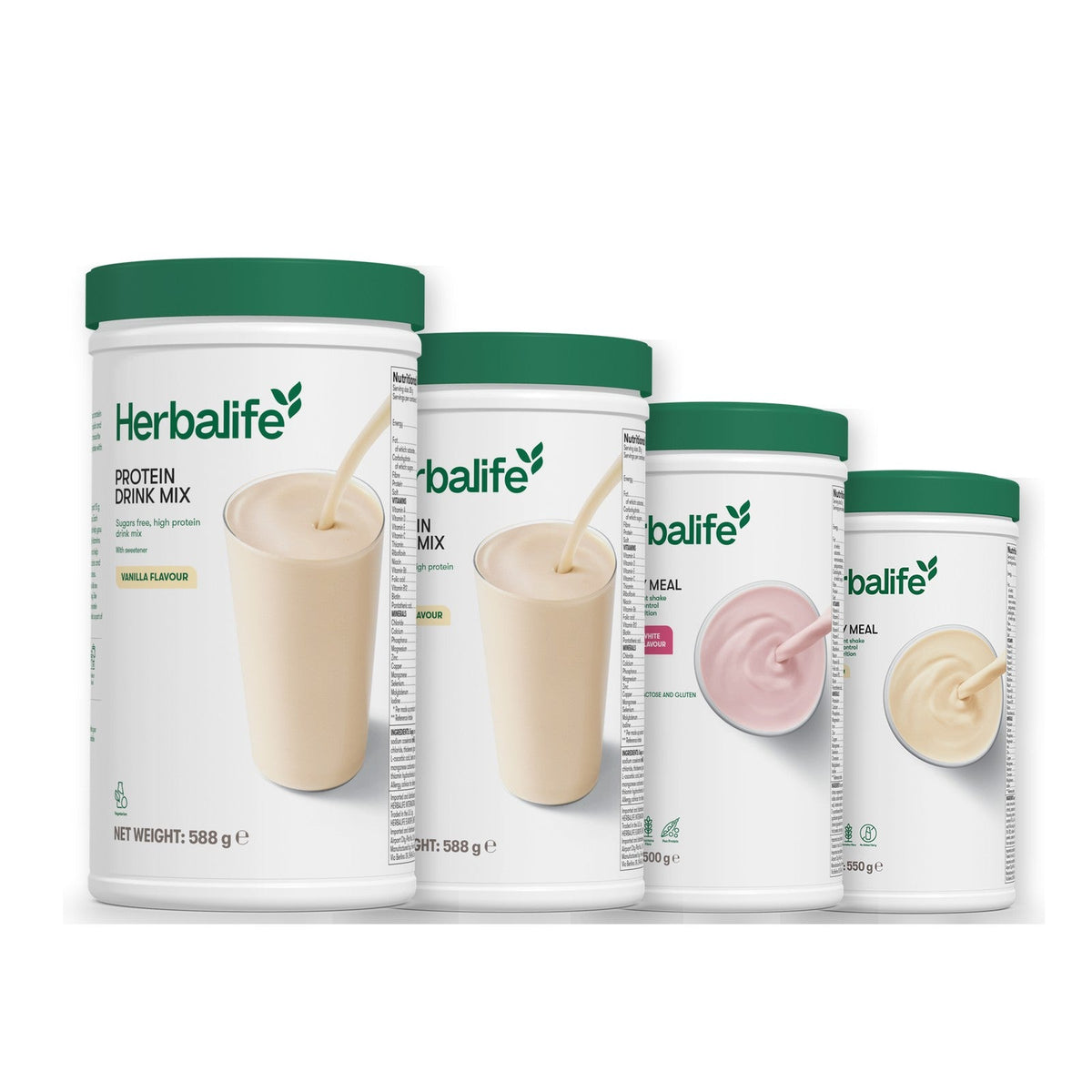Two Formula 1 Healthy Meal shake tubs with two vanilla Protein Drink Mix tubs, pick your flavours, Free From Raspberry & White Chocolate / Vanilla