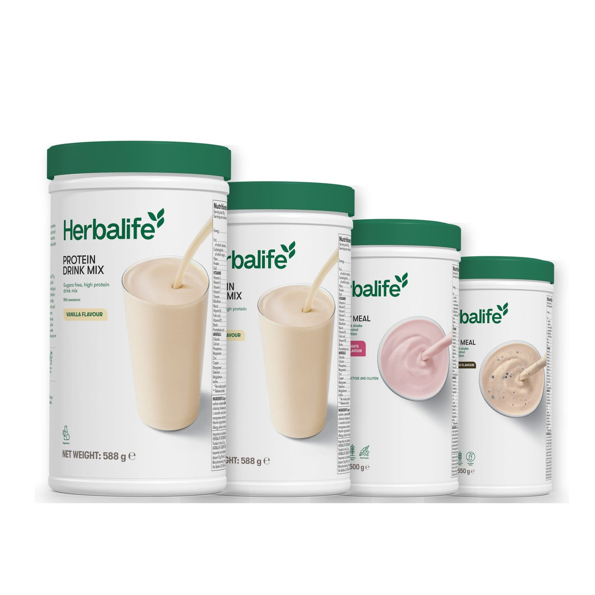 Two Formula 1 Healthy Meal shake tubs with two vanilla Protein Drink Mix tubs, pick your flavours, Free From Raspberry & White Chocolate / Cookie Crunch