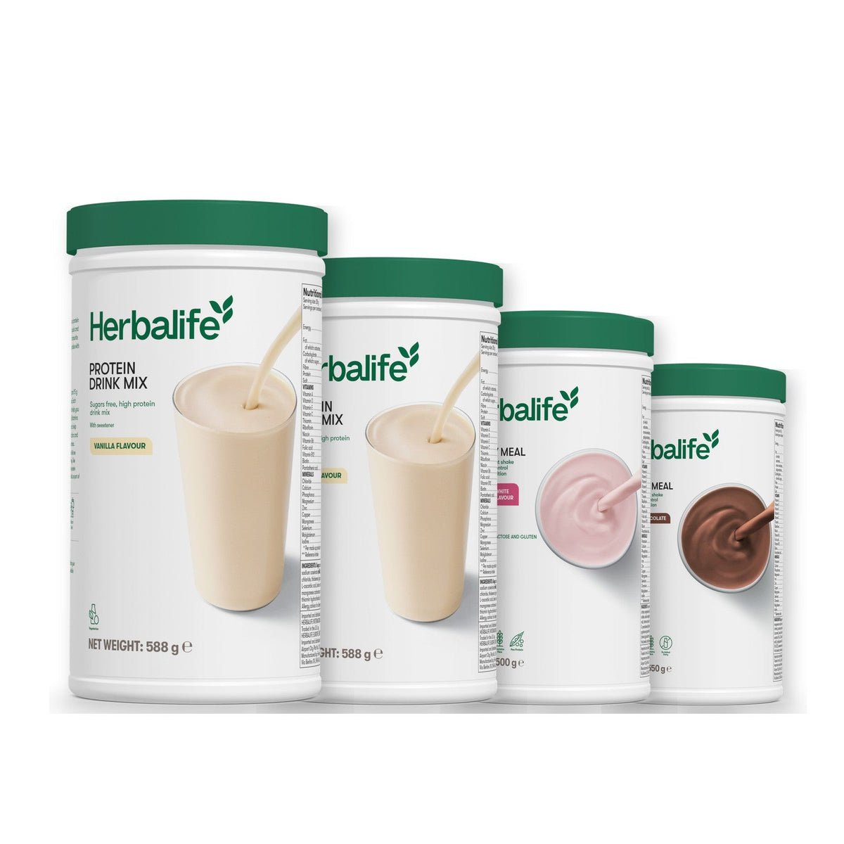 Two Formula 1 Healthy Meal shake tubs with two vanilla Protein Drink Mix tubs, pick your flavours, Free From Raspberry & White Chocolate / Chocolate
