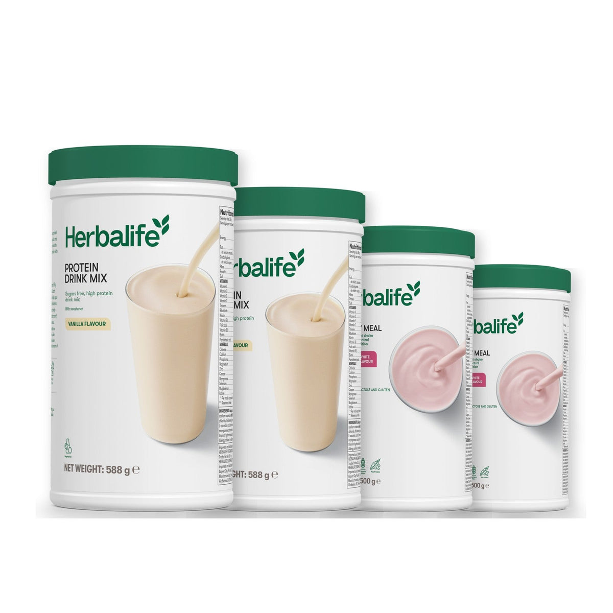 Two Formula 1 Healthy Meal shake tubs with two vanilla Protein Drink Mix tubs, pick your flavours, Free From Raspberry & White Chocolate / Free From Raspberry & White Chocolate