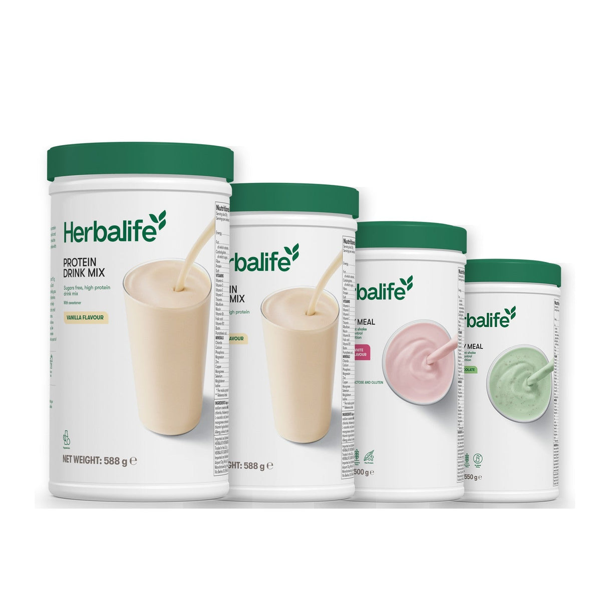 Two Formula 1 Healthy Meal shake tubs with two vanilla Protein Drink Mix tubs, pick your flavours, Free From Raspberry & White Chocolate / Mint Chocolate