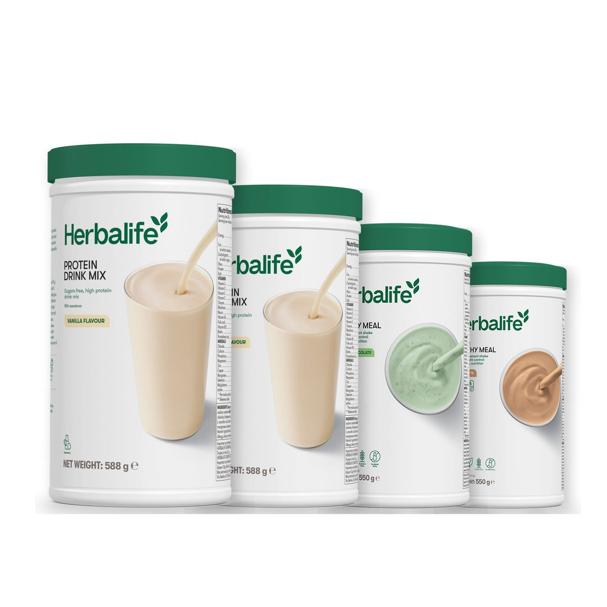 Two Formula 1 Healthy Meal shake tubs with two vanilla Protein Drink Mix tubs, pick your flavours, Mint Chocolate / Cafe Latte