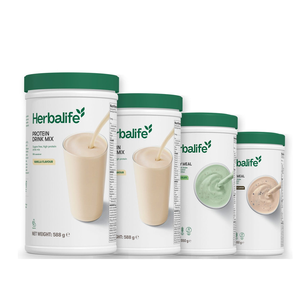 Two Formula 1 Healthy Meal shake tubs with two vanilla Protein Drink Mix tubs, pick your flavours, Mint Chocolate / Cookie Crunch