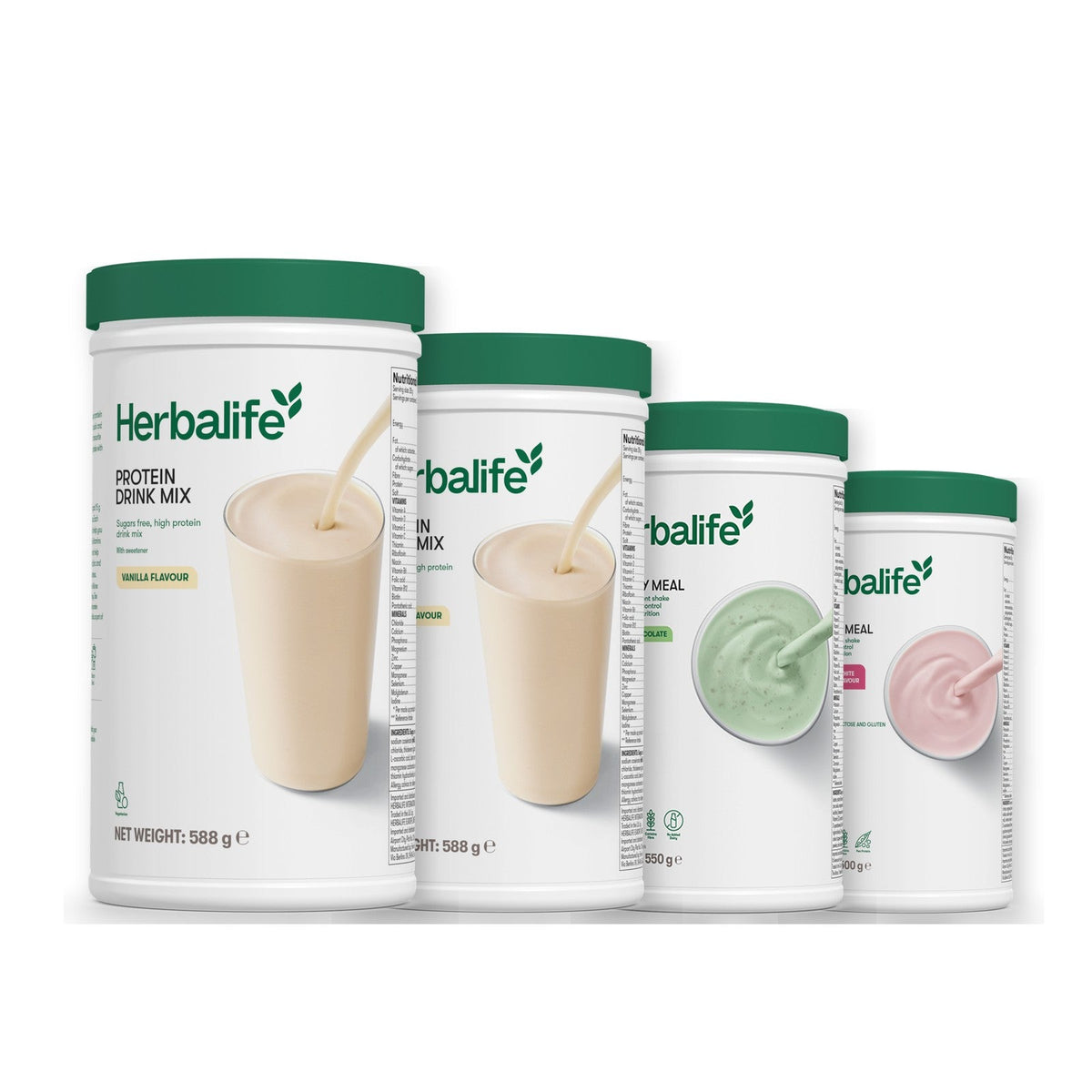 Two Formula 1 Healthy Meal shake tubs with two vanilla Protein Drink Mix tubs, pick your flavours, Mint Chocolate / Free From Raspberry & White Chocolate