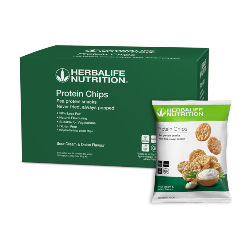 Sour Cream and Onion Protein Chips box of 10 x 30 g popped pea protein crisps