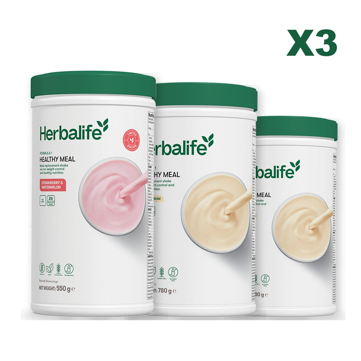 Formula 1 Strawberry Watermelon meal shake tub shown with two further Formula 1 tubs, Vanilla (Large 780g) / Vanilla (Large 780g)