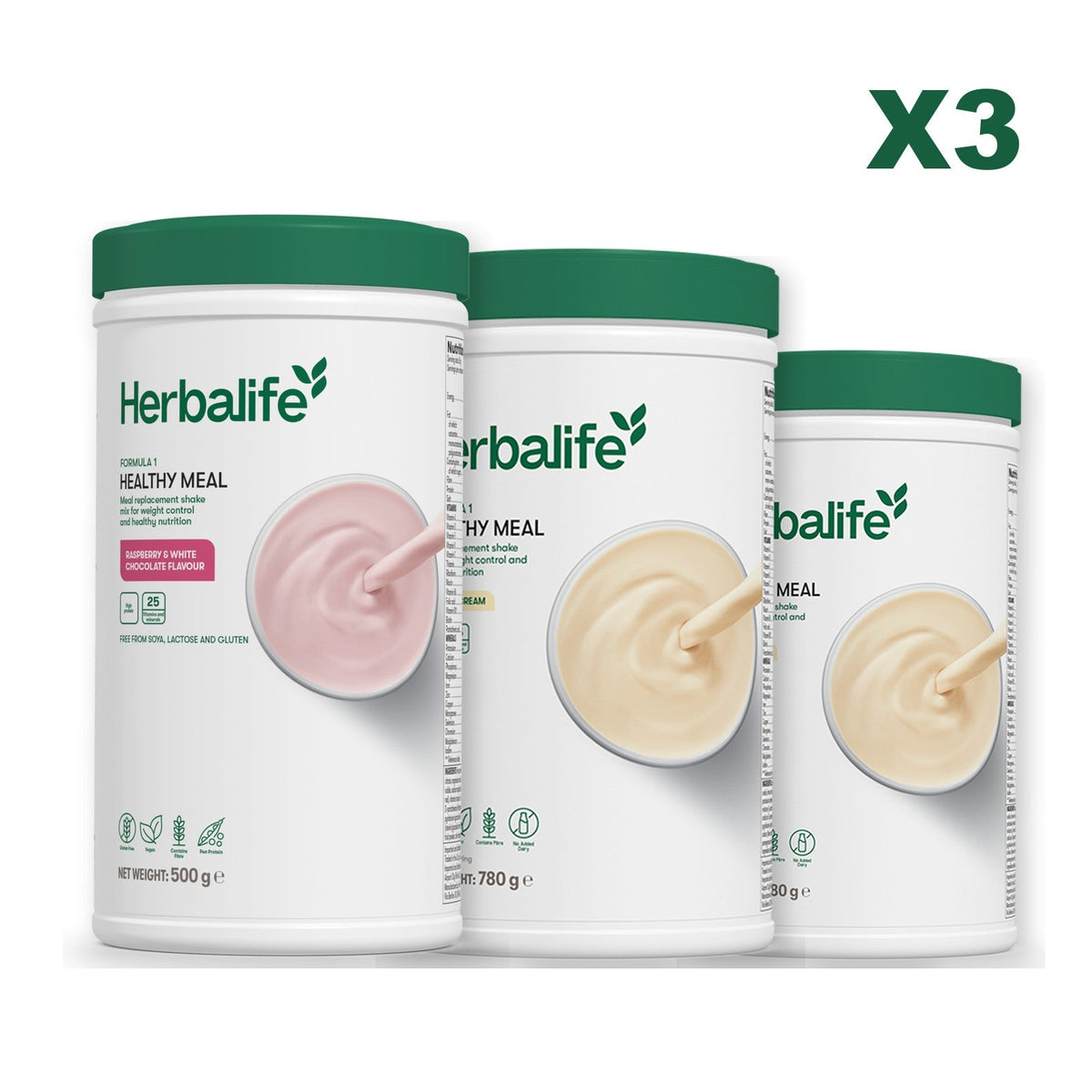 Three Formula 1 shake tubs led by Free From Raspberry and White Chocolate, plus two flavours you choose, Vanilla (Large 780g) / Vanilla (Large 780g)